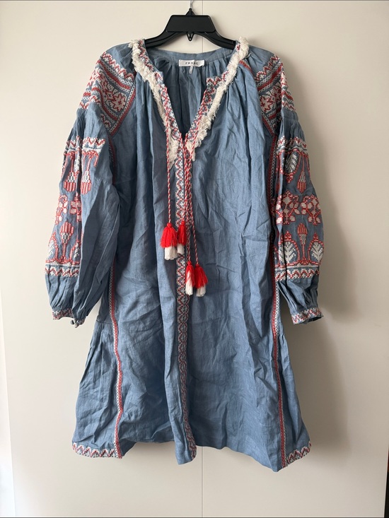 Frame Denim Dresses & Skirts - Frame Denim Light Blue Embroidered Dress with Red Tassels